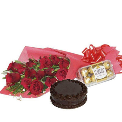 Red Color Roses and Chocolate Cake with Ferrero Rocher Chocolates