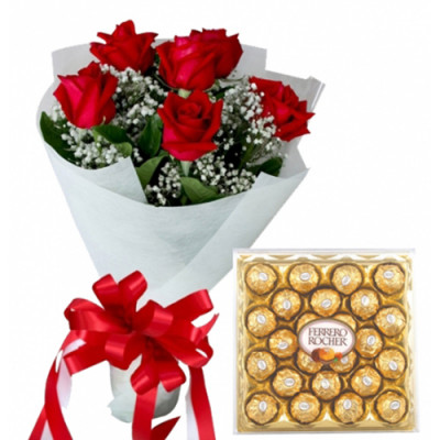 6 Red Roses with Ferrero Rocher 24 Pcs