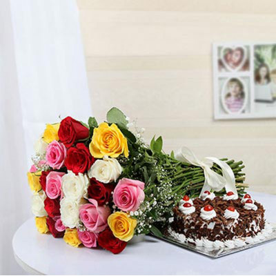Mixed Color Roses and Gateaux Cake.