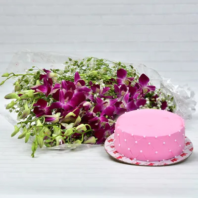 Orchids Bouquet and Strawberry Flavored Cake