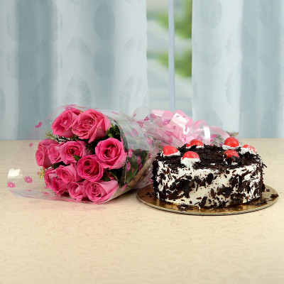 Pink Roses Bunch  and Black Forest Cake