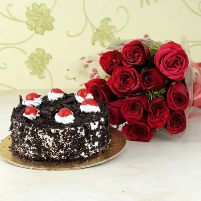 Red Roses Bunch and Black Forest Cake
