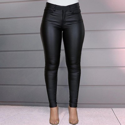 Women's Solid Color PU Leather Pants Casual Coated Feet Pants Trousers