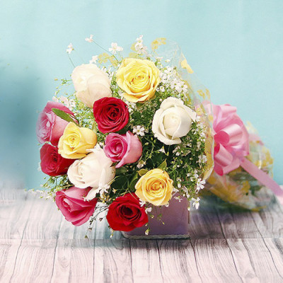 Mixed Color Roses Bunch with Pink Ribbon