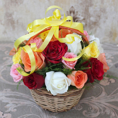 Mixed Color Roses in a Basket
