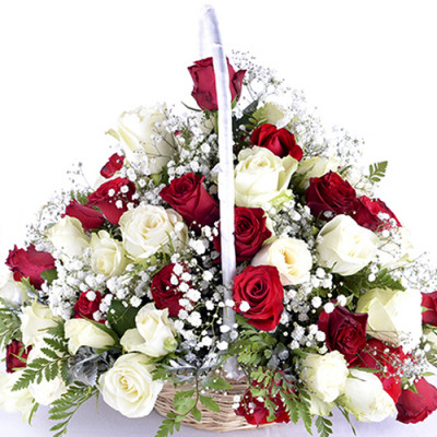 Red and White Roses in a Basket