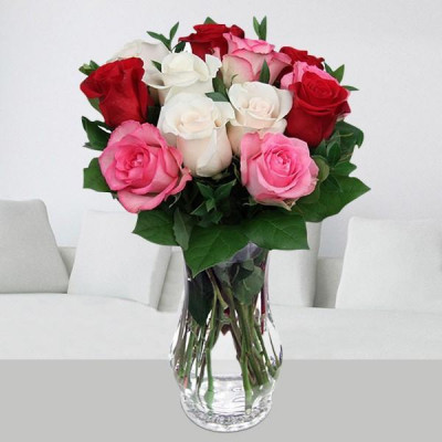 Pink, Red, White Roses in a Glass Vase