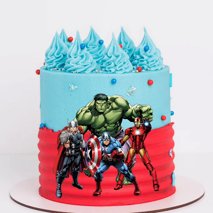 Assemble the Avengers and their mighty powers on this thrilling Avengers-themed printed topper cake! This captivating dessert is adorned with vibrant images of Iron Man, Captain America, Thor, Hulk, Black Widow, and Hawkeye, bringing the world of superheroes to life on your dessert table.