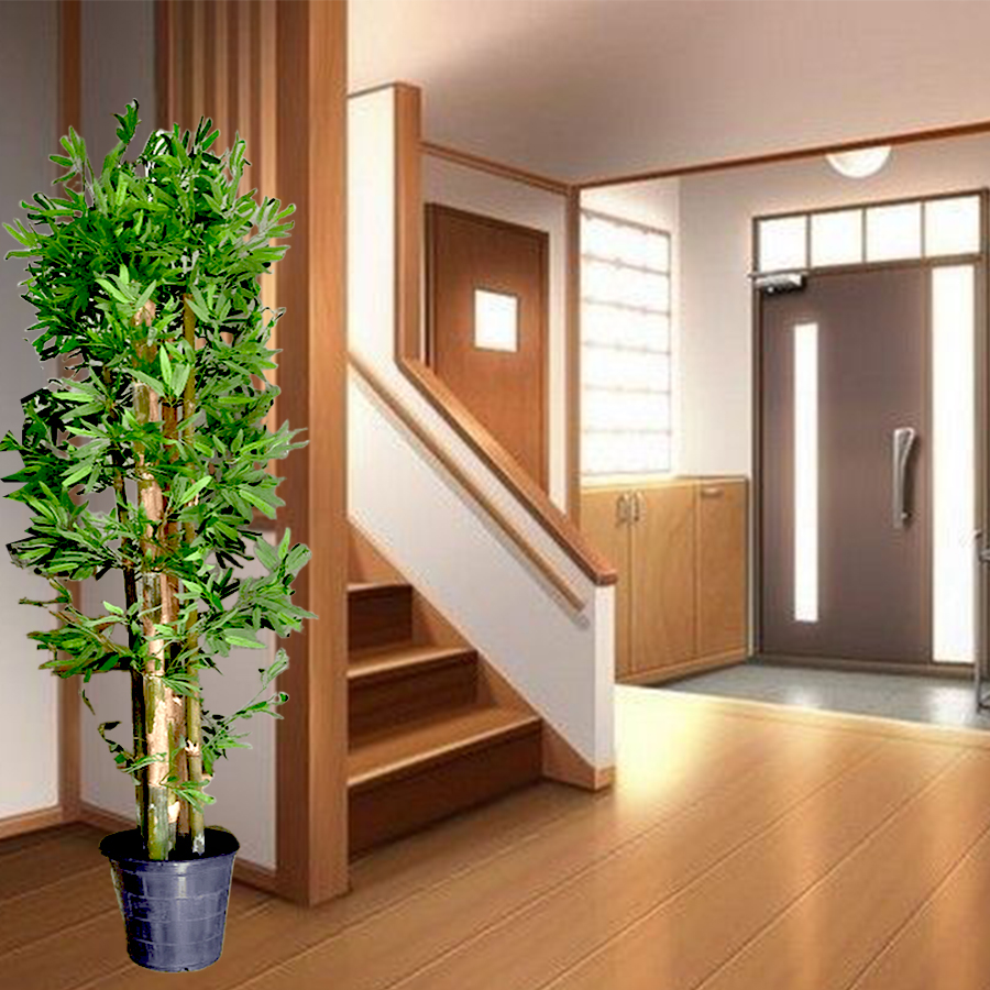 This artificial plant features vibrant green leaves that mimic the look of a real bamboo tree