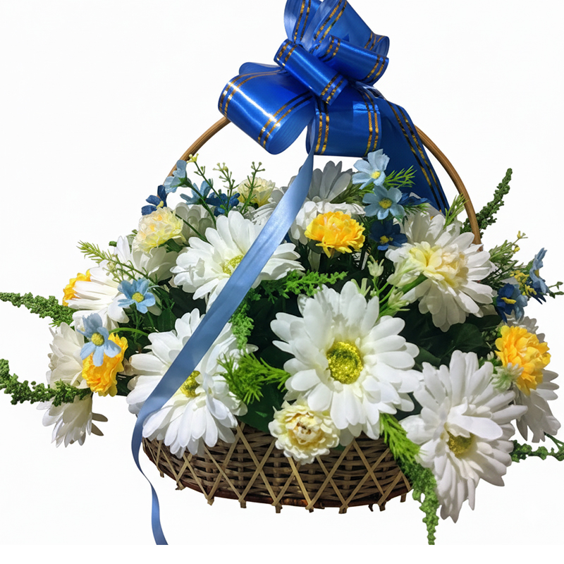 Blue and white flower basket with greenery